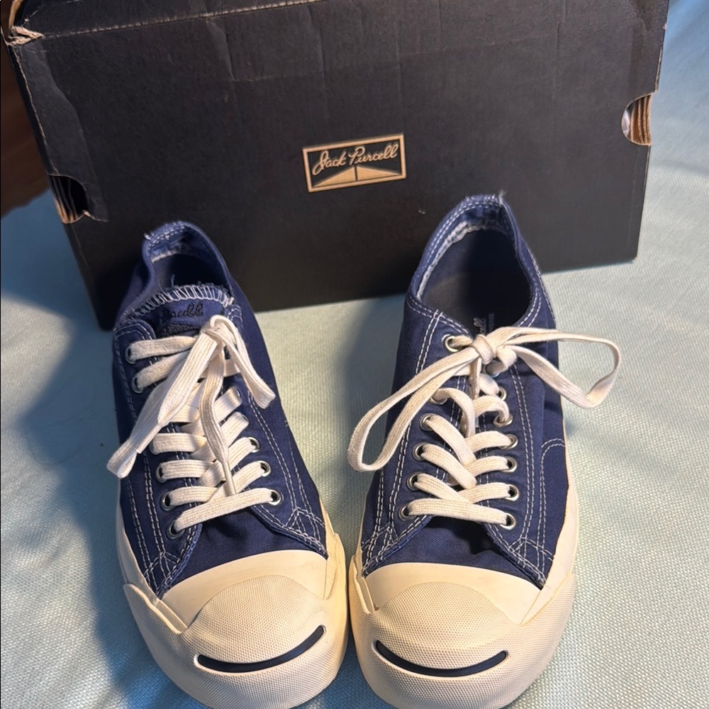 Blue and White Jack Purcell Style Sneakers with Smile Toe Cap